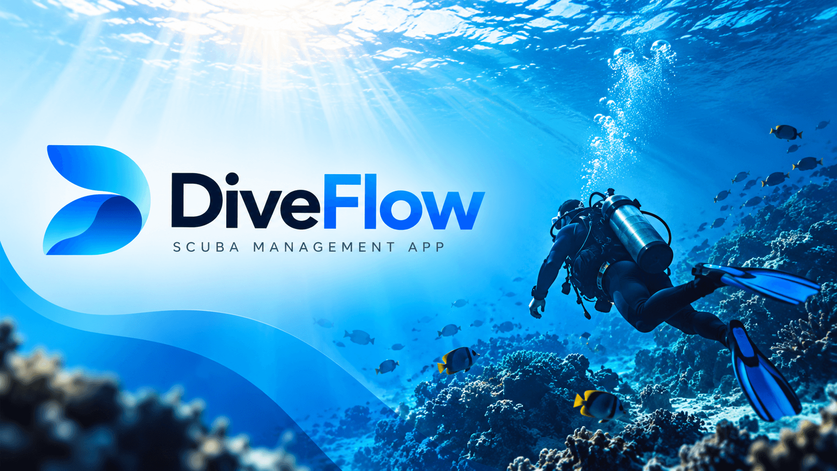 DiveFlow scuba management app, shown over a sunlit reef with a diver