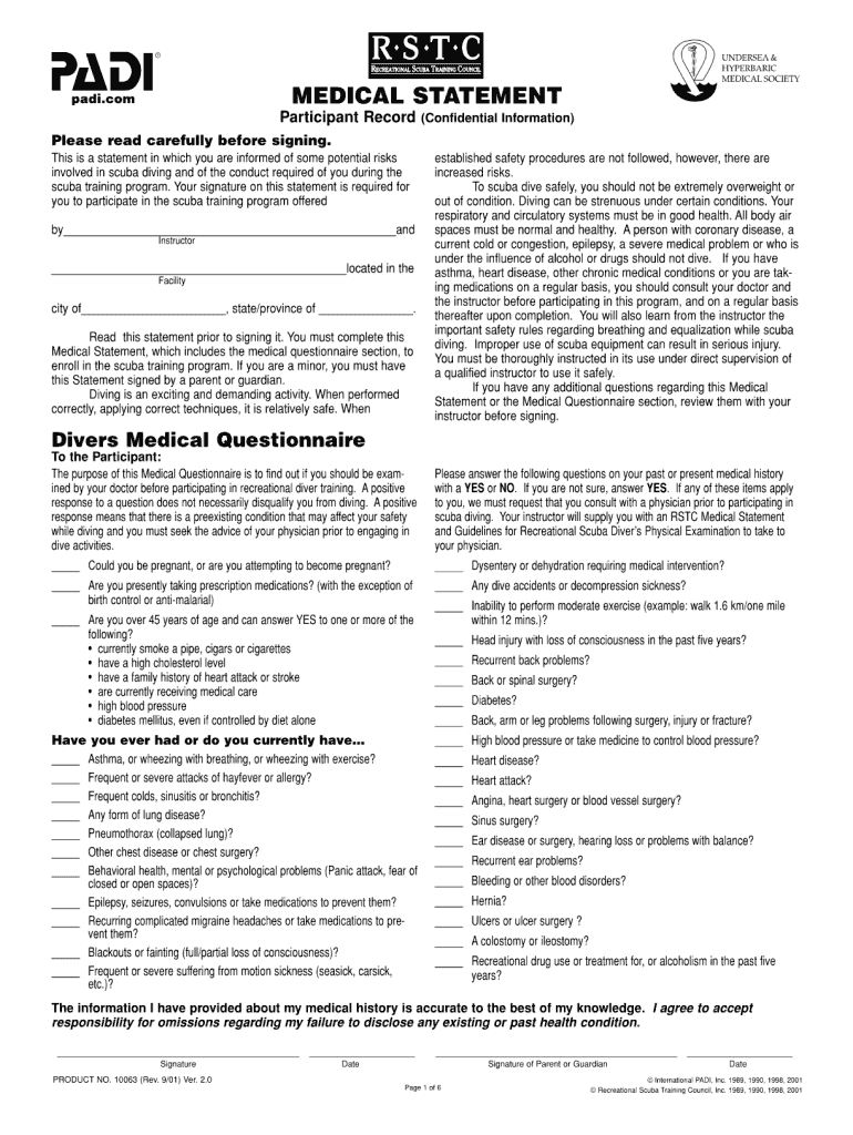 A medical statement form with participant questions and signature lines