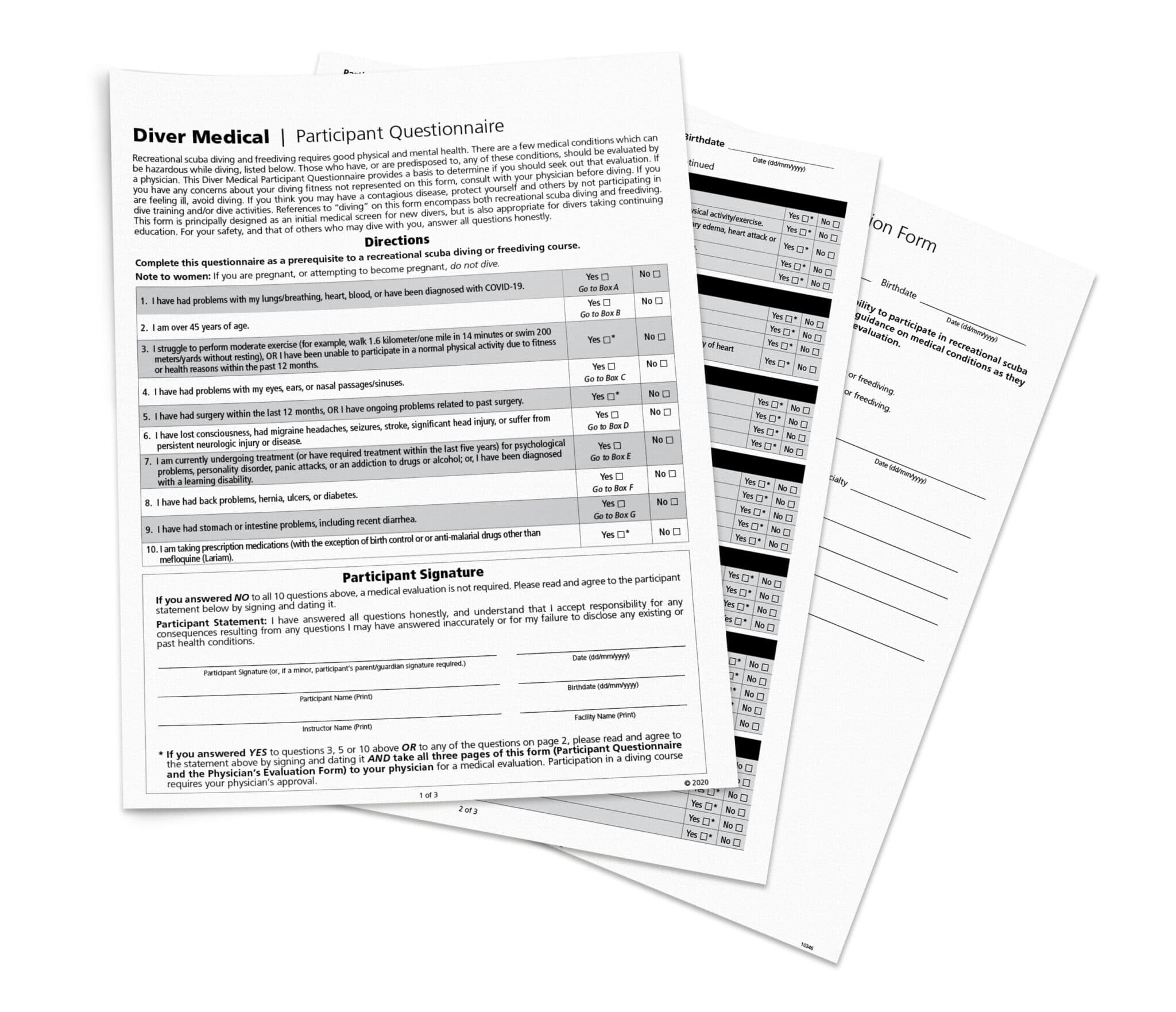 A stack of standard diver medical questionnaire forms